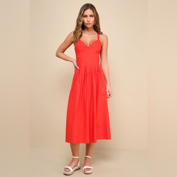 Lulus Dresses & Skirts - Lulus Strolling Sicily Red Pleated Backless Midi Dress With Pockets